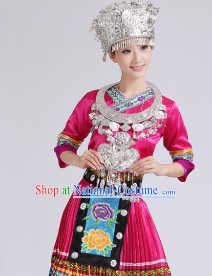 Chinese Traditional Miao Nationality Costume Hmong Female Ethnic Folk Dance Rosy Pleated Skirt for Women