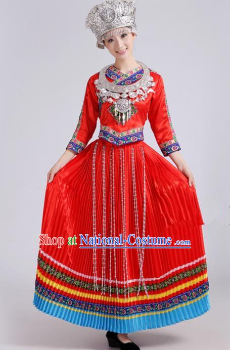 Chinese Traditional Miao Nationality Female Costume Hmong Ethnic Folk Dance Red Pleated Skirt for Women