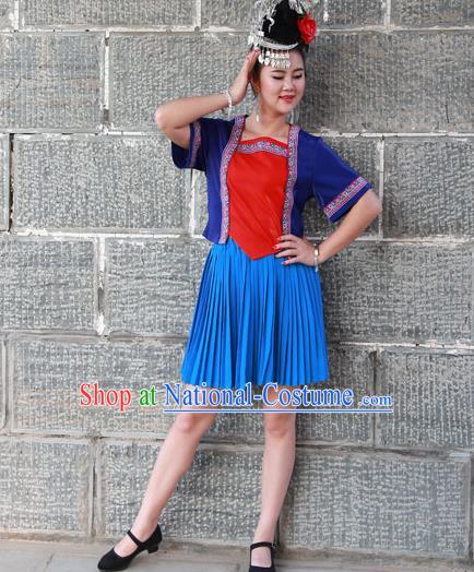 Chinese Traditional Miao Nationality Costume Ethnic Folk Dance Blue Dress for Women