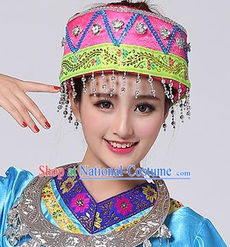 Chinese Traditional Miao Nationality Hair Accessories Hmong Bride Pink Hat for Women