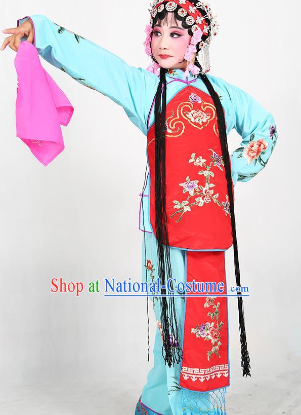 Traditional Chinese Beijing Opera Children Blue Costume Peking Opera Maidservants Red Vest Clothing for Kids