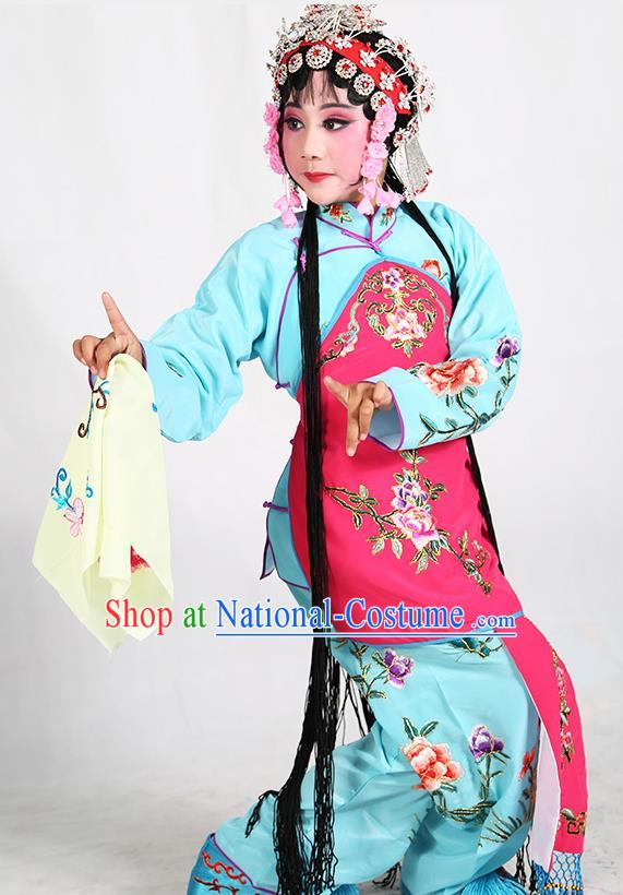 Traditional Chinese Beijing Opera Children Blue Costume Peking Opera Maidservants Rosy Vest Clothing for Kids