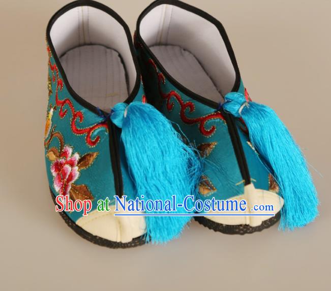 Asian Chinese Beijing Opera Shoes Blue Embroidered Shoes Traditional Peking Opera Diva Shoes