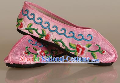 Asian Chinese Beijing Opera Shoes Embroidered Shoes Traditional Peking Opera Diva Pink Satin Shoes