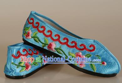 Asian Chinese Beijing Opera Shoes Embroidered Shoes Traditional Peking Opera Diva Blue Satin Shoes