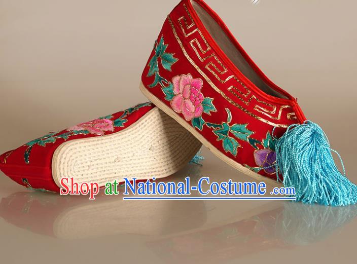 Asian Chinese Beijing Opera Shoes Princess Red Embroidered Shoes Traditional Peking Opera Diva Shoes