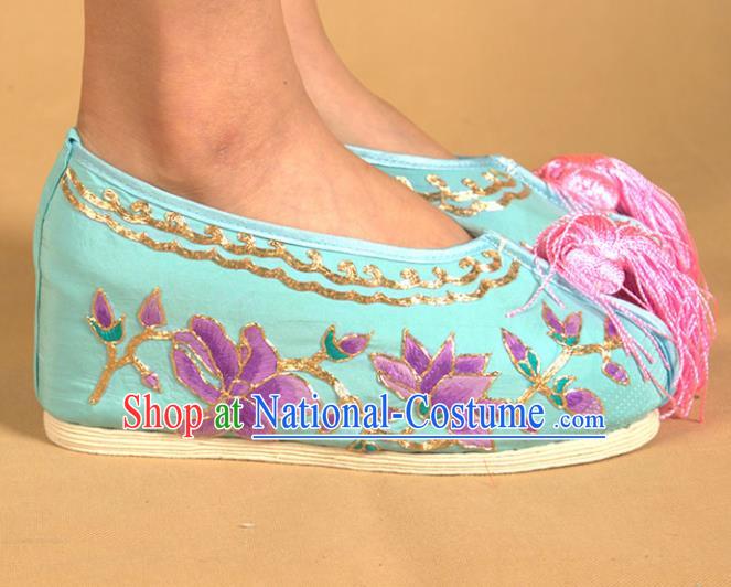 Asian Chinese Beijing Opera Shoes Princess Blue Embroidered Shoes Traditional Peking Opera Diva Shoes