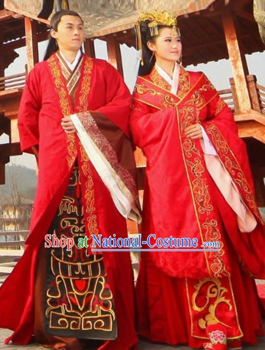 Traditional Chinese Han Dynasty Red Hanfu Dress Ancient Bride and Bridegroom Wedding Historical Costume Complete Set