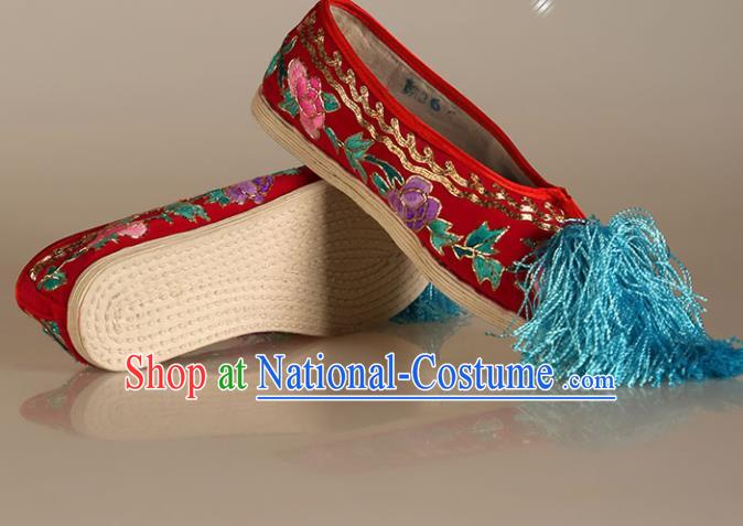 Asian Chinese Beijing Opera Shoes Red Cloth Embroidered Shoes Traditional Peking Opera Diva Shoes