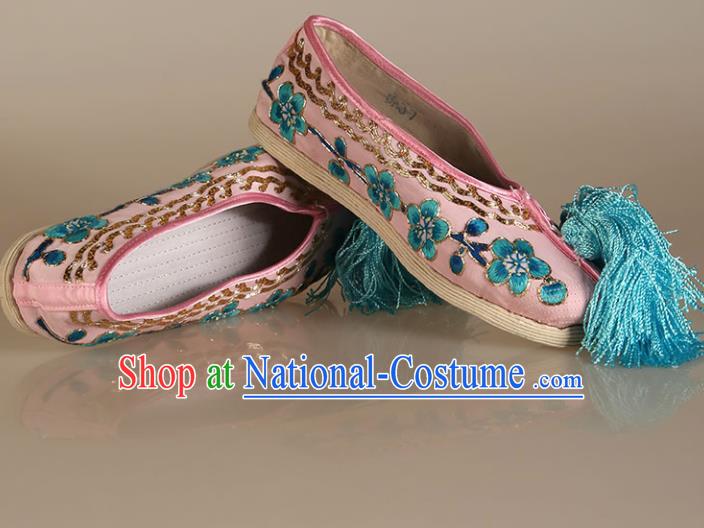 Asian Chinese Beijing Opera Shoes Pink Cloth Embroidered Shoes Traditional Peking Opera Diva Shoes