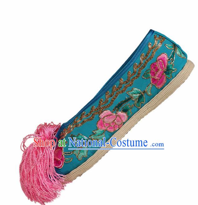 Asian Chinese Beijing Opera Shoes Blue Cloth Embroidered Shoes Traditional Peking Opera Diva Shoes