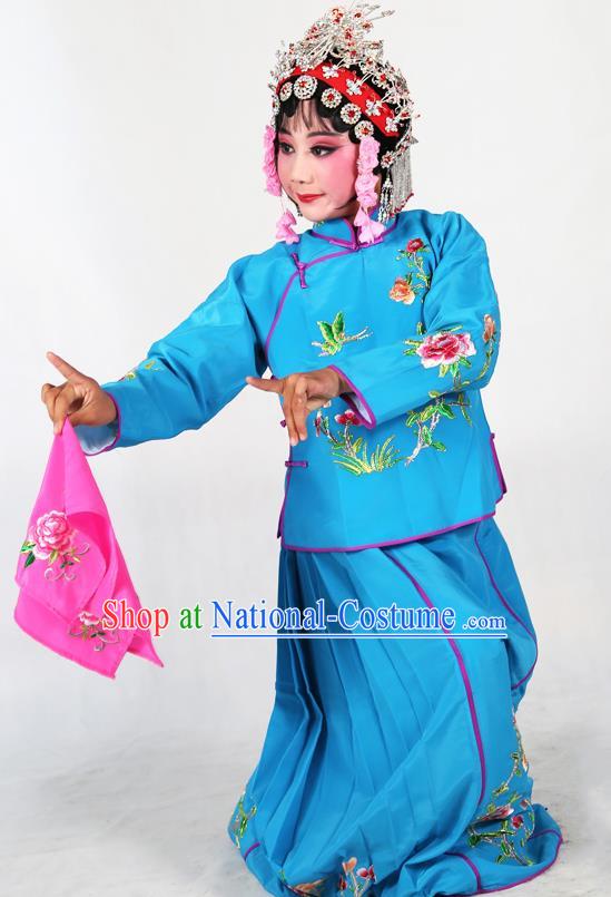 Traditional Chinese Beijing Opera Children Costume Peking Opera Maidservants Deep Blue Dress for Kids