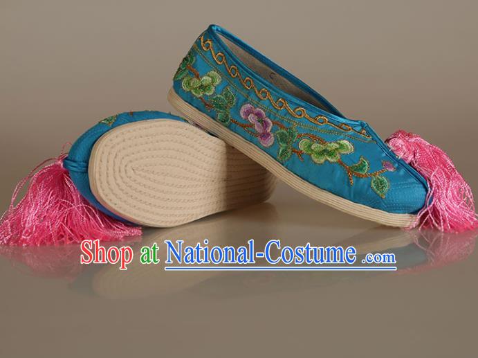 Asian Chinese Beijing Opera Shoes Blue Satin Embroidered Shoes Traditional Peking Opera Diva Shoes