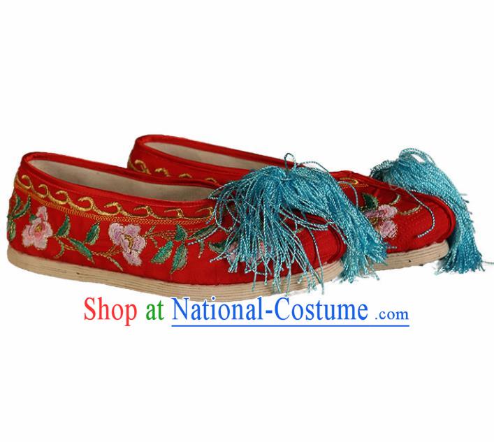 Asian Chinese Beijing Opera Shoes Red Satin Embroidered Shoes Traditional Peking Opera Diva Shoes