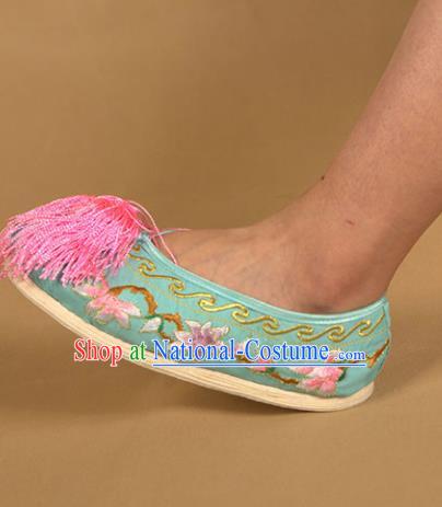 Asian Chinese Beijing Opera Shoes Green Embroidered Shoes Traditional Peking Opera Diva Shoes