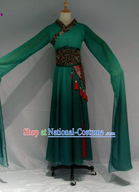 Traditional Chinese Classical Dance Costume Ancient Peri Green Water Sleeve Dress for Women