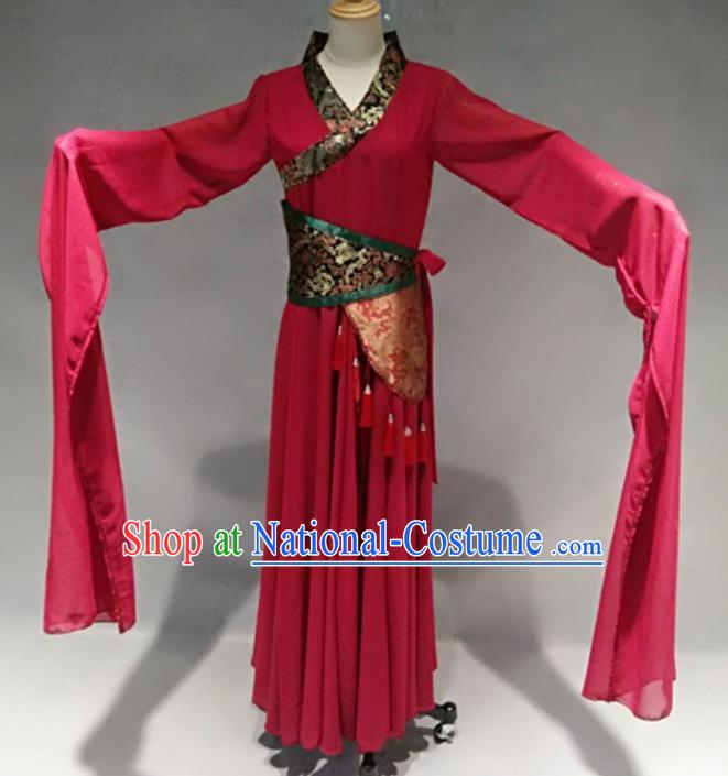 Traditional Chinese Classical Dance Costume Ancient Peri Red Water Sleeve Dress for Women