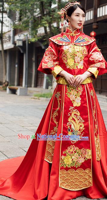 Traditional Chinese Wedding Costume Ancient Bride Embroidered Red Trailing Xiuhe Suits for Women