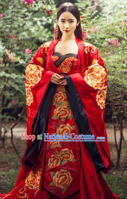 Traditional Chinese Wedding Costume Ancient Imperial Concubine Embroidered Red Hanfu Dress for Women