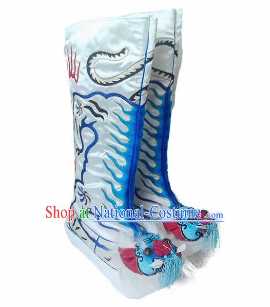 Asian Chinese Beijing Opera Shoes Embroidered Tiger Boots Traditional Peking Opera Takefu White Boots