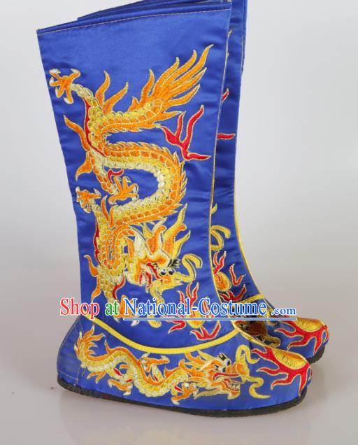 Asian Chinese Beijing Opera Shoes Emperor Royalblue Embroidered Boots Traditional Peking Opera Shoes