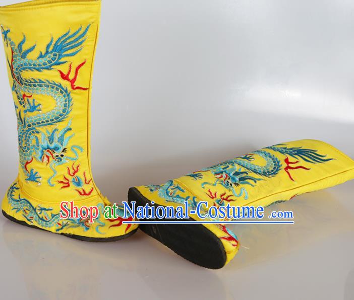 Asian Chinese Beijing Opera Shoes Emperor Yellow Embroidered Boots Traditional Peking Opera Shoes