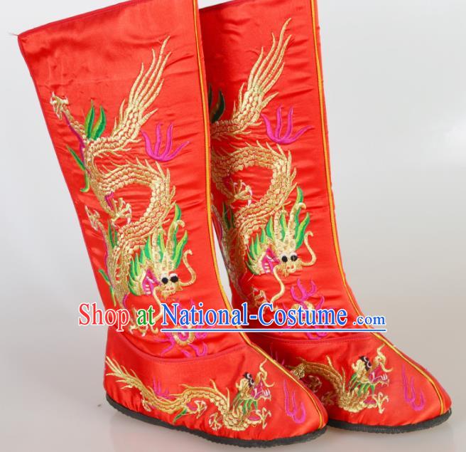 Asian Chinese Beijing Opera Shoes Emperor Red Embroidered Boots Traditional Peking Opera Shoes