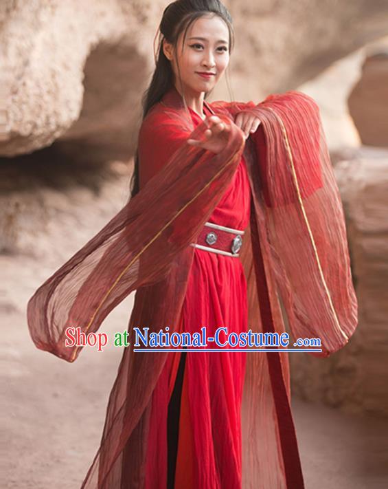 Traditional Chinese Jin Dynasty Swordswoman Red Hanfu Dress Ancient Wedding Historical Costume for Women