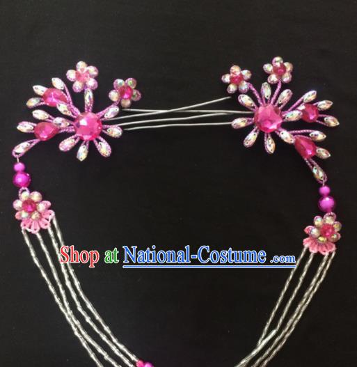 Asian Chinese Beijing Opera Hair Accessories Rosy Rhinestone Hairpins Tassel Step Shake for Women