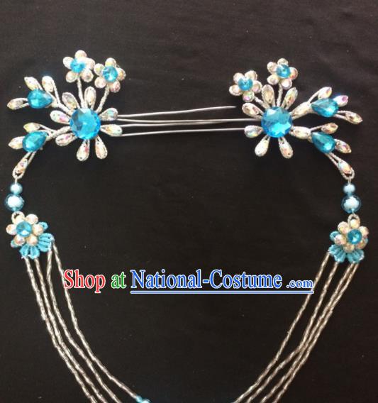 Asian Chinese Beijing Opera Hair Accessories Blue Rhinestone Hairpins Tassel Step Shake for Women