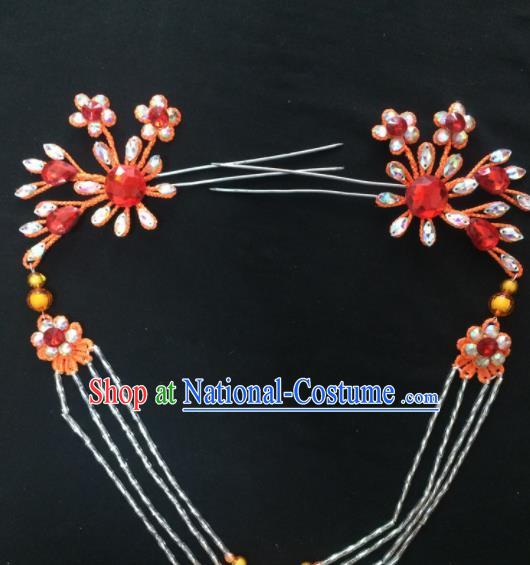 Asian Chinese Beijing Opera Hair Accessories Red Rhinestone Hairpins Tassel Step Shake for Women