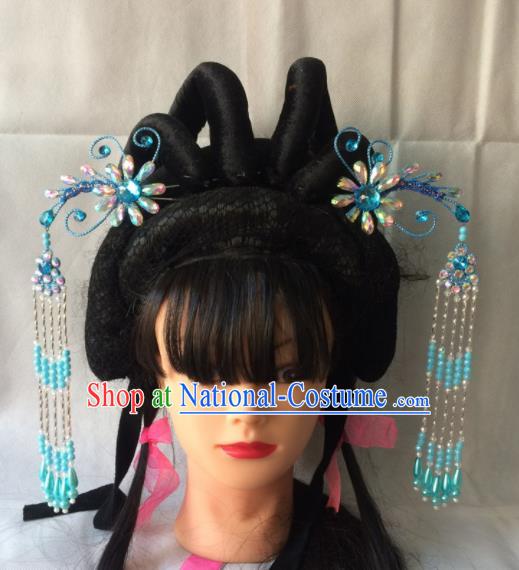 Asian Chinese Beijing Opera Hair Accessories Blue Tassel Step Shake Hairpins for Women