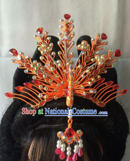 Asian Chinese Beijing Opera Hair Accessories Ancient Princess Red Phoenix Coronet Hairpins for Women