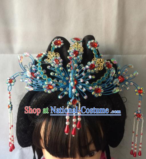 Asian Chinese Beijing Opera Hair Accessories Ancient Princess Blue Phoenix Coronet Hairpins for Women