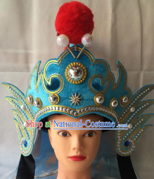 Asian Chinese Beijing Opera Takefu Blue Helmet Ancient General Hat for Men