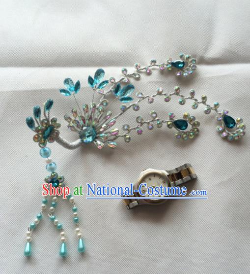 Asian Chinese Beijing Opera Hair Accessories Blue Crystal Phoenix Hair Clip Ancient Princess Hairpins for Women