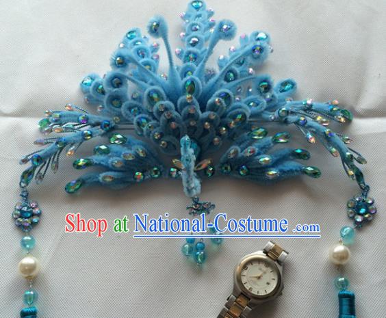 Asian Chinese Beijing Opera Hair Accessories Blue Phoenix Coronet Ancient Princess Hairpins for Women