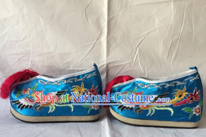 Asian Chinese Beijing Opera Shoes Ancient Princess Shoes Blue Embroidered Shoes for Women