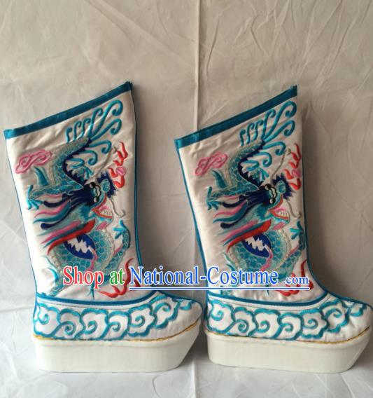 Asian Chinese Beijing Opera Takefu Embroidered Blue Dragon Boots Ancient Emperor Shoes for Men