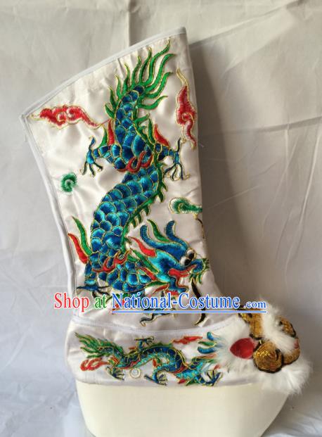 Asian Chinese Beijing Opera Takefu Embroidered Green Dragon Boots Ancient Emperor Shoes for Men