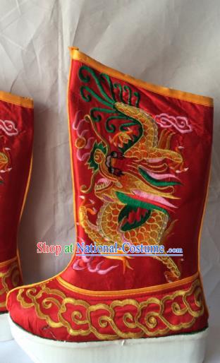 Asian Chinese Beijing Opera Takefu Red Embroidered Boots Ancient Emperor Shoes for Men