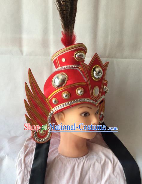 Asian Chinese Beijing Opera Takefu Headwear Ancient General Red Helmet Hat for Men