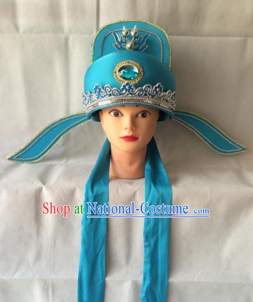 Asian Chinese Beijing Opera Niche Headwear Ancient Gifted Scholar Blue Hat for Men