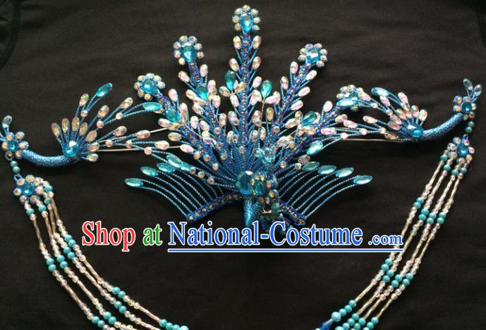 Asian Chinese Beijing Opera Hair Accessories Ancient Queen Blue Phoenix Hairpins for Women