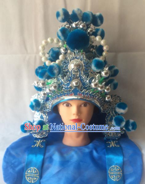 Asian Chinese Traditional Beijing Opera Headwear Ancient General Blue Helmet for Men