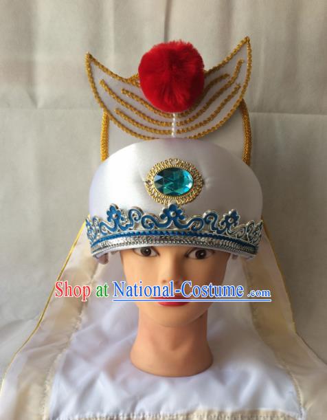 Asian Chinese Traditional Beijing Opera Headwear Ancient Crown Prince White Hat for Men