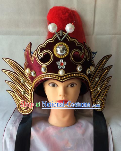 Asian Chinese Traditional Beijing Opera Headwear Ancient General Wine Red Helmet for Men