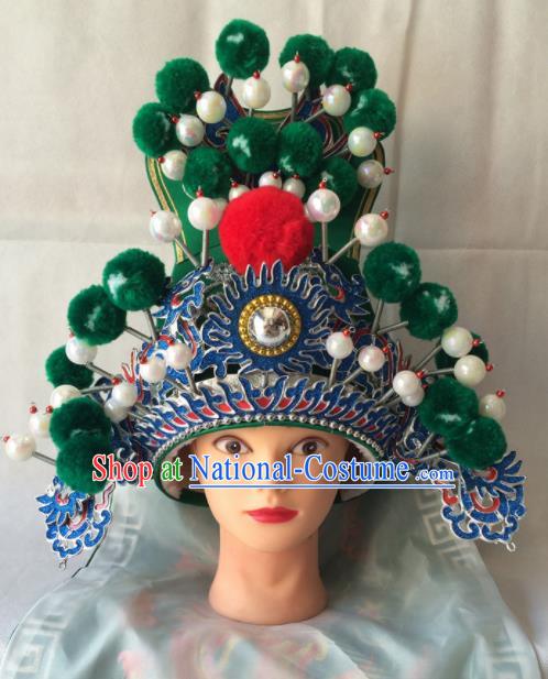 Asian Chinese Traditional Beijing Opera Headwear Ancient General Green Helmet for Men