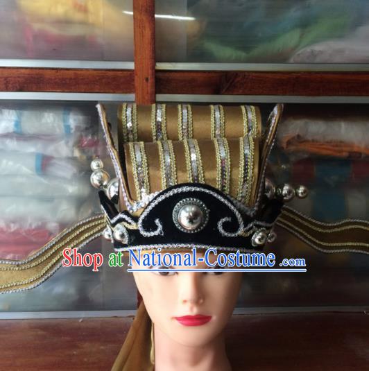 Asian Chinese Traditional Beijing Opera Headwear Ancient Prime Minister Golden Hat for Men