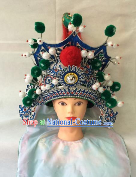 Asian Chinese Traditional Beijing Opera Takefu Headwear Ancient General Green Helmet Hat for Men